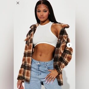 Fashion Nova Plaid Teddy Jacket in Brown and Cream